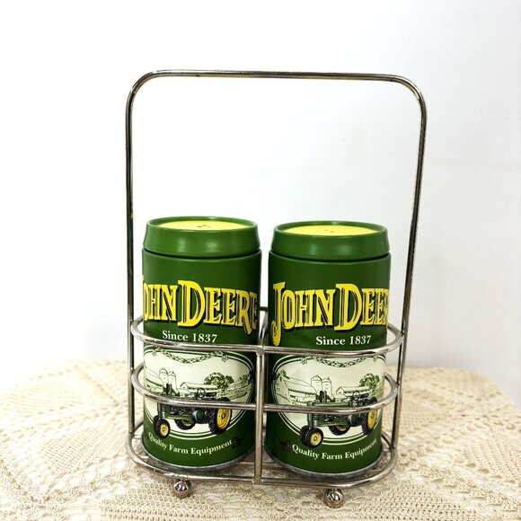 John Deere Metal Salt and Pepper Shaker Set w/ Caddy EUC - Picture 1 of 11
